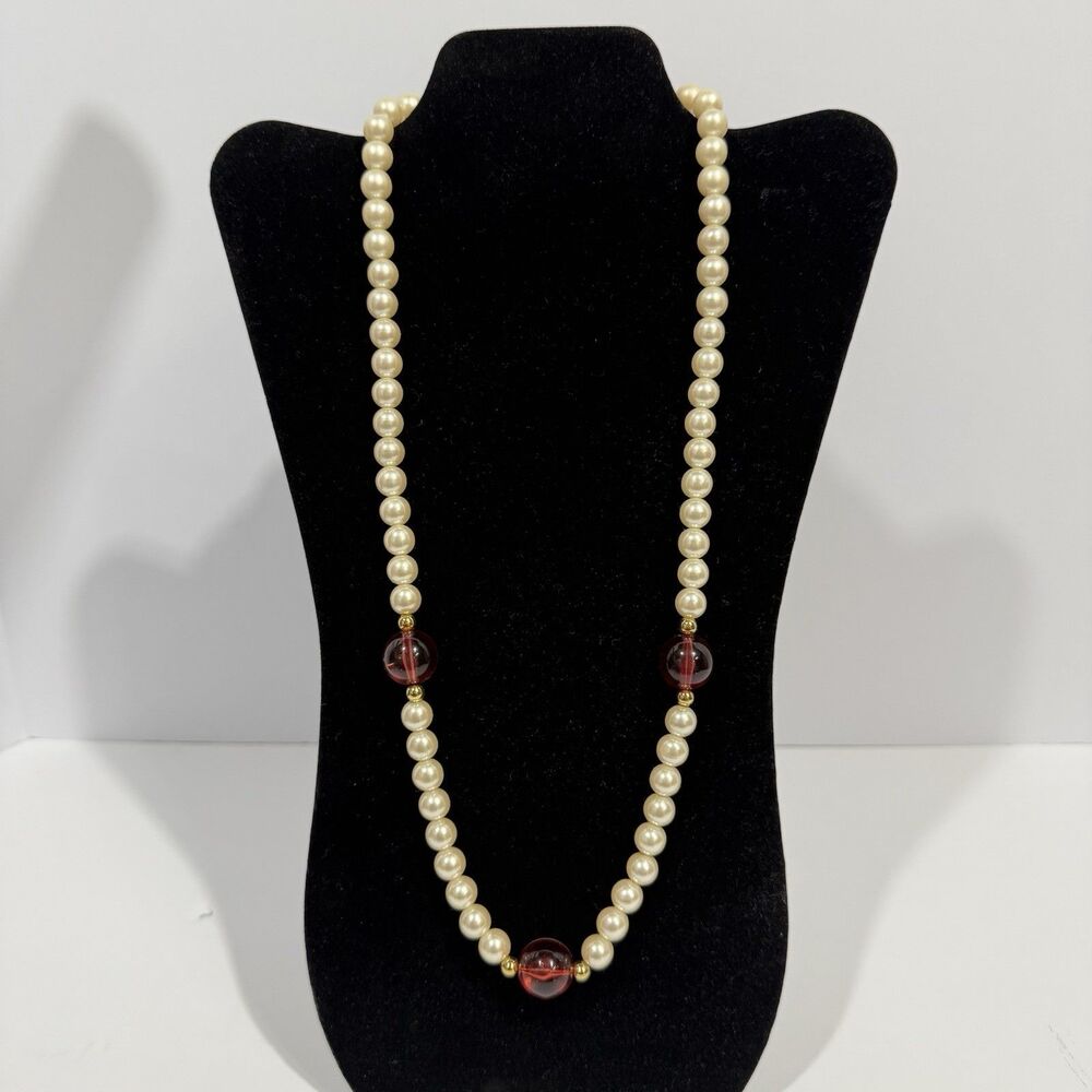 Vintage Faux Pearl Necklace with Large Red Lucite Glass Beads & Gold Accents - Picture 9 of 11